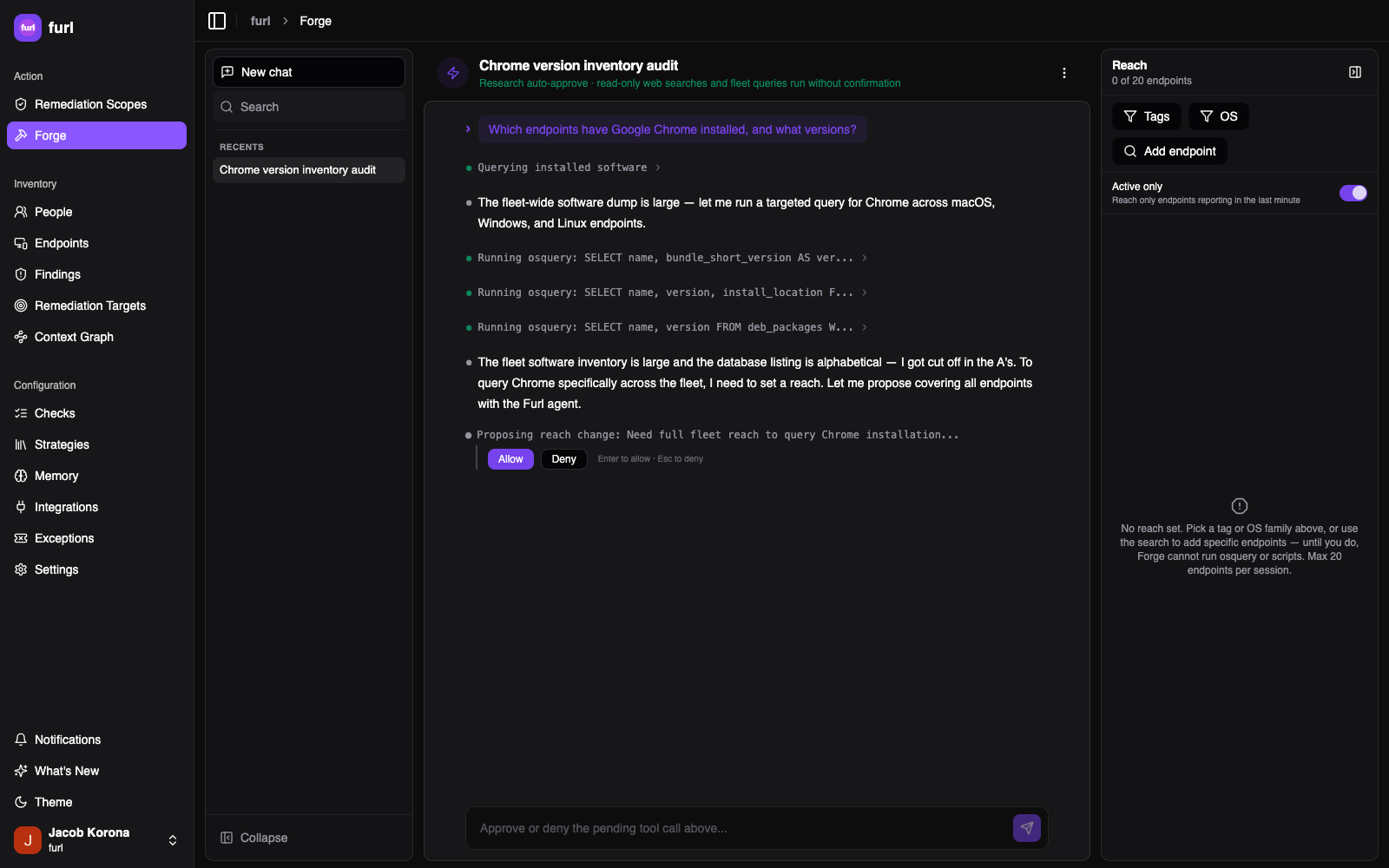 A Forge session running osquery, proposing a reach change, and waiting on an Allow/Deny approval card