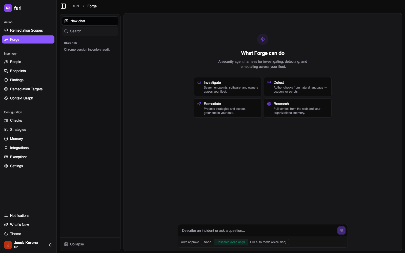 The Forge landing screen, with Investigate, Detect, Remediate, and Research entry points