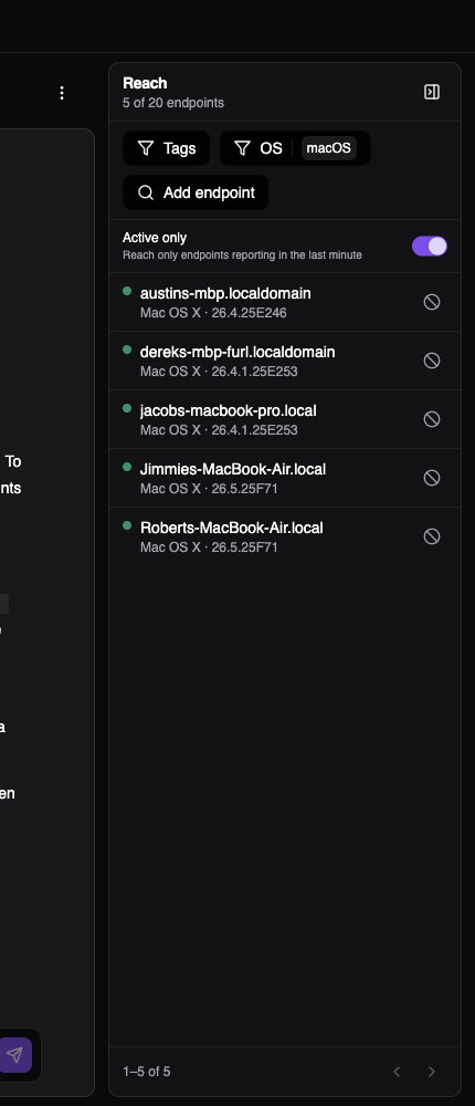 The Reach panel listing endpoints with status dots, an Active only toggle, and pagination